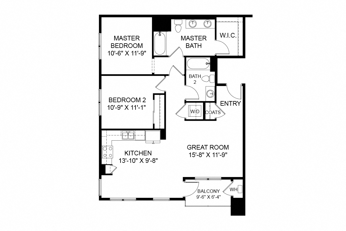 Floor plan for 2 beds, 2 baths, 1144 sqft